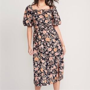 Puff-Sleeve‎ Floral-Print Pintucked Smocked Midi Swing Dress  old navy size m